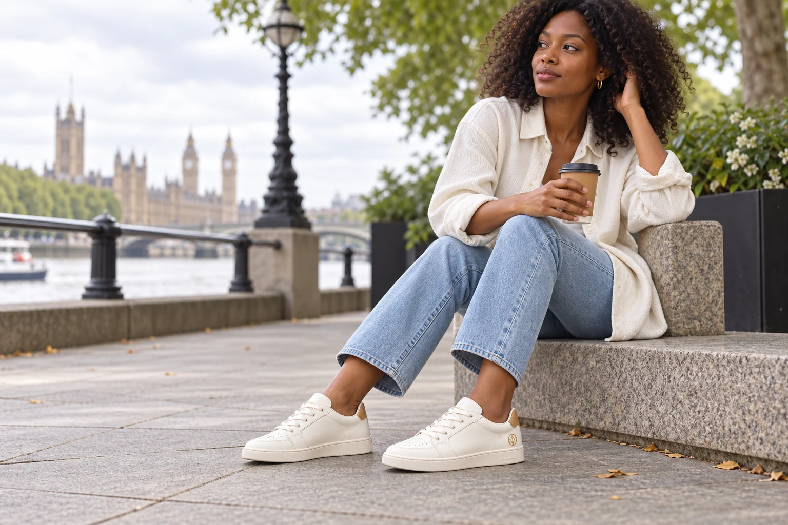 Woman wearing Chinee Women Shoes ivory sneakers outdoors in an overseas city
