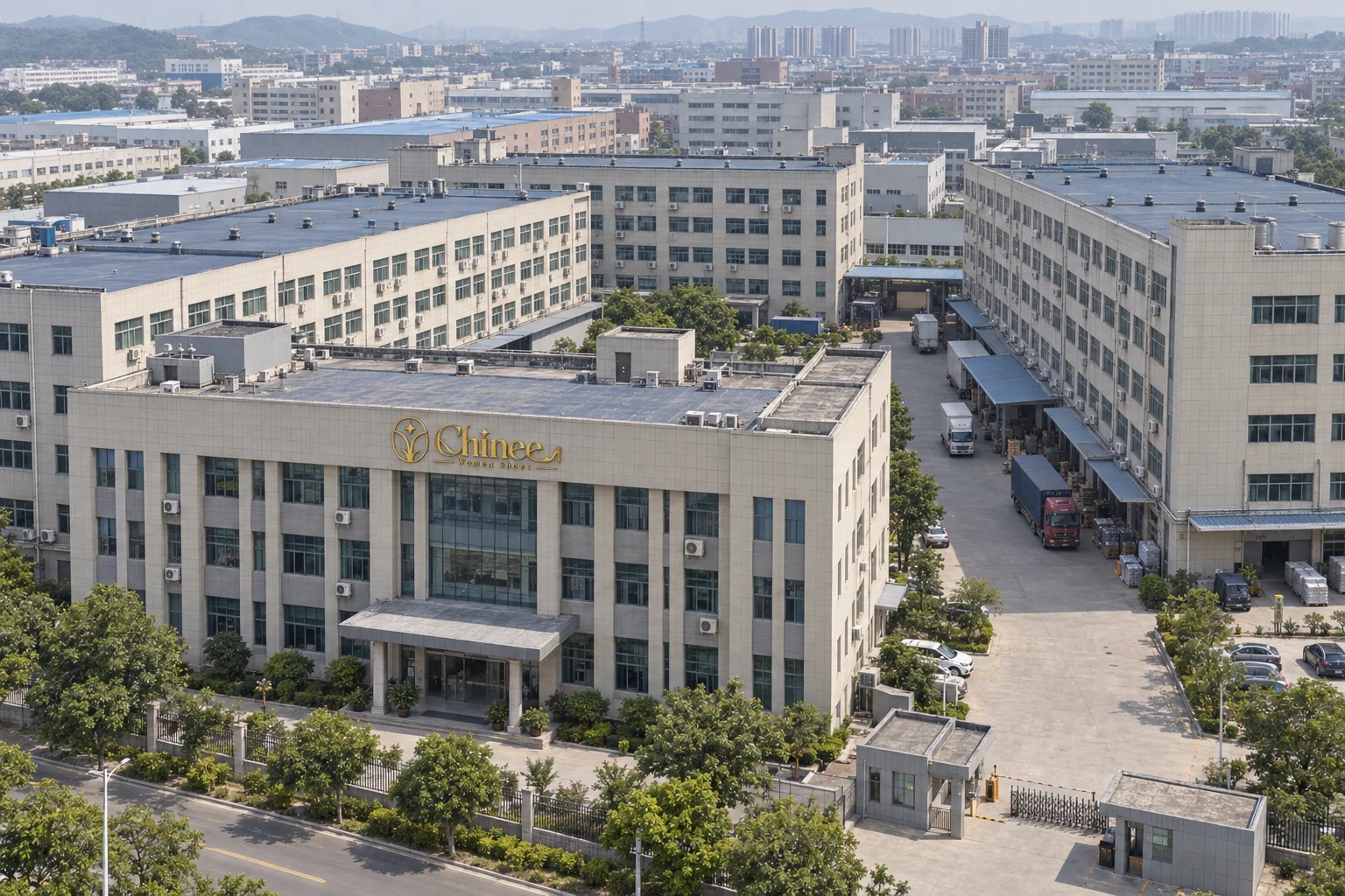Aerial view of a Chinese footwear manufacturing campus with Chinee Women Shoes branding