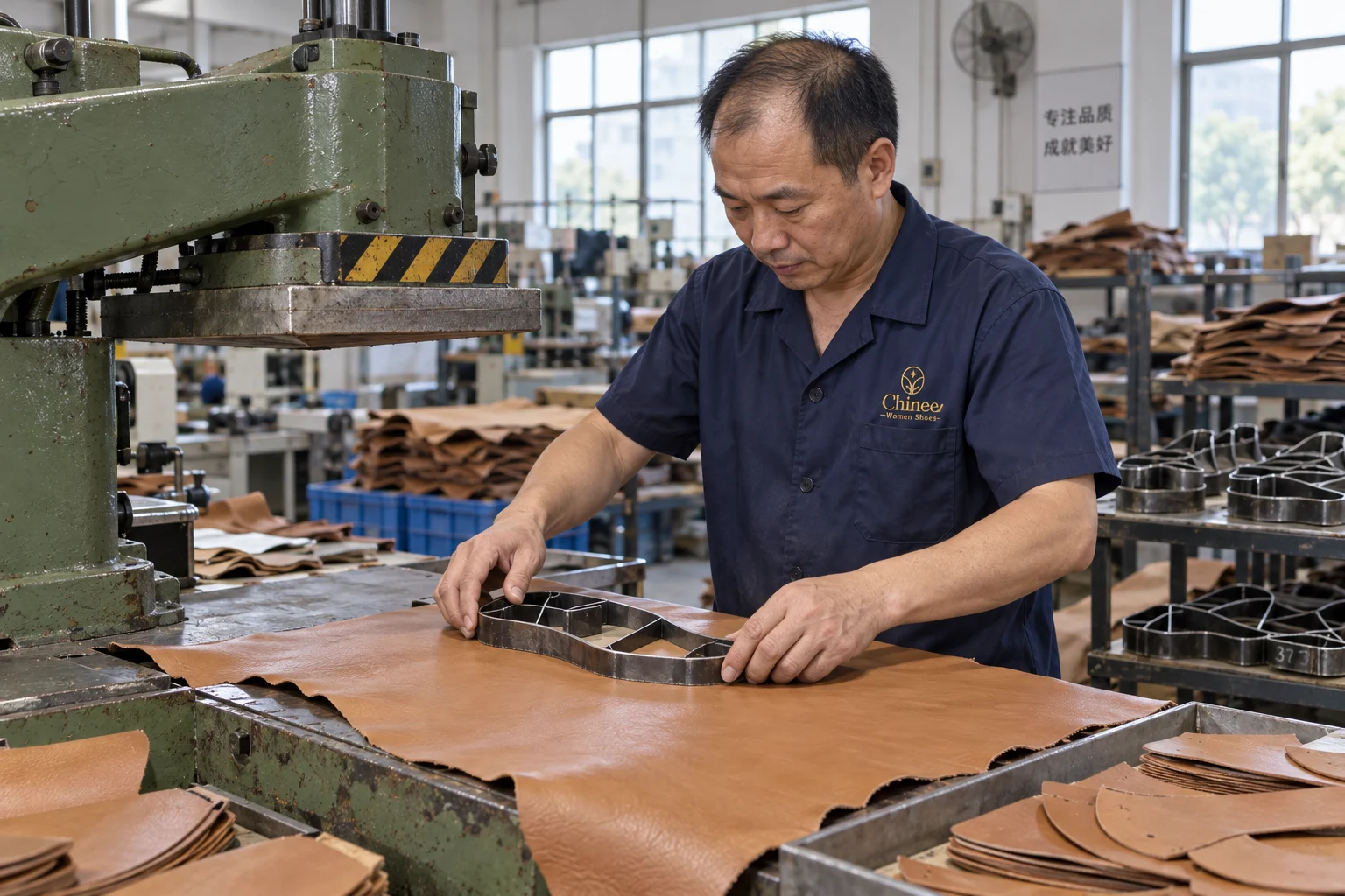 Chinese worker cutting leather components for women’s footwear