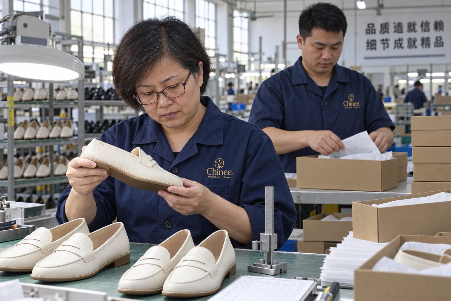 Chinese workers inspecting and packing finished women’s shoes