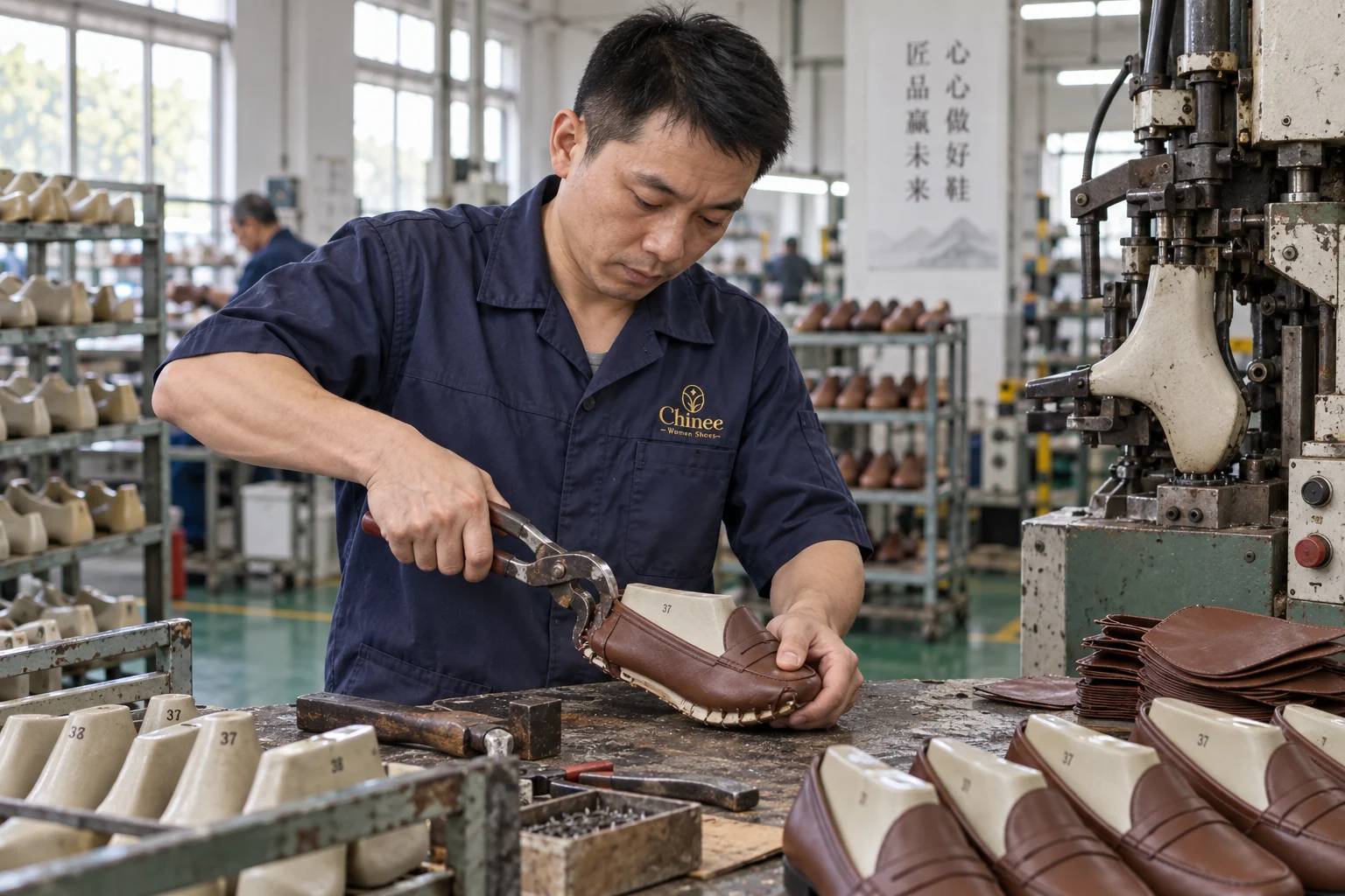 Chinese footwear worker fitting a shoe upper onto a last