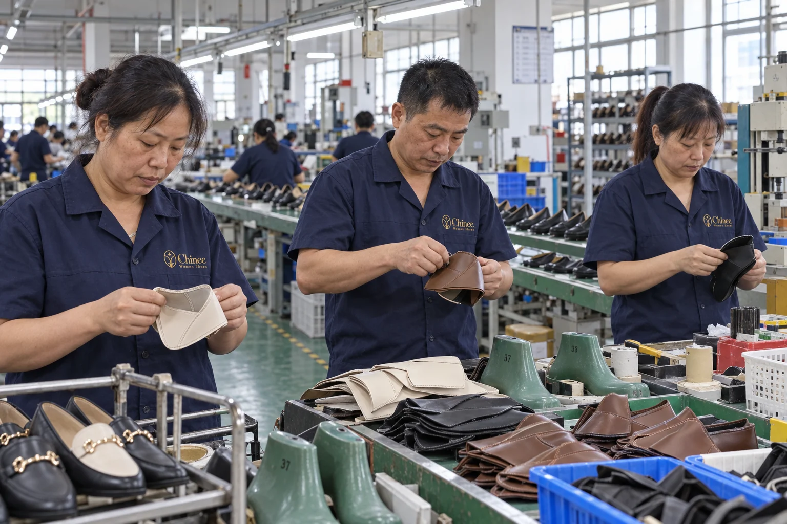 Chinese footwear workers on an organized women’s shoe production line