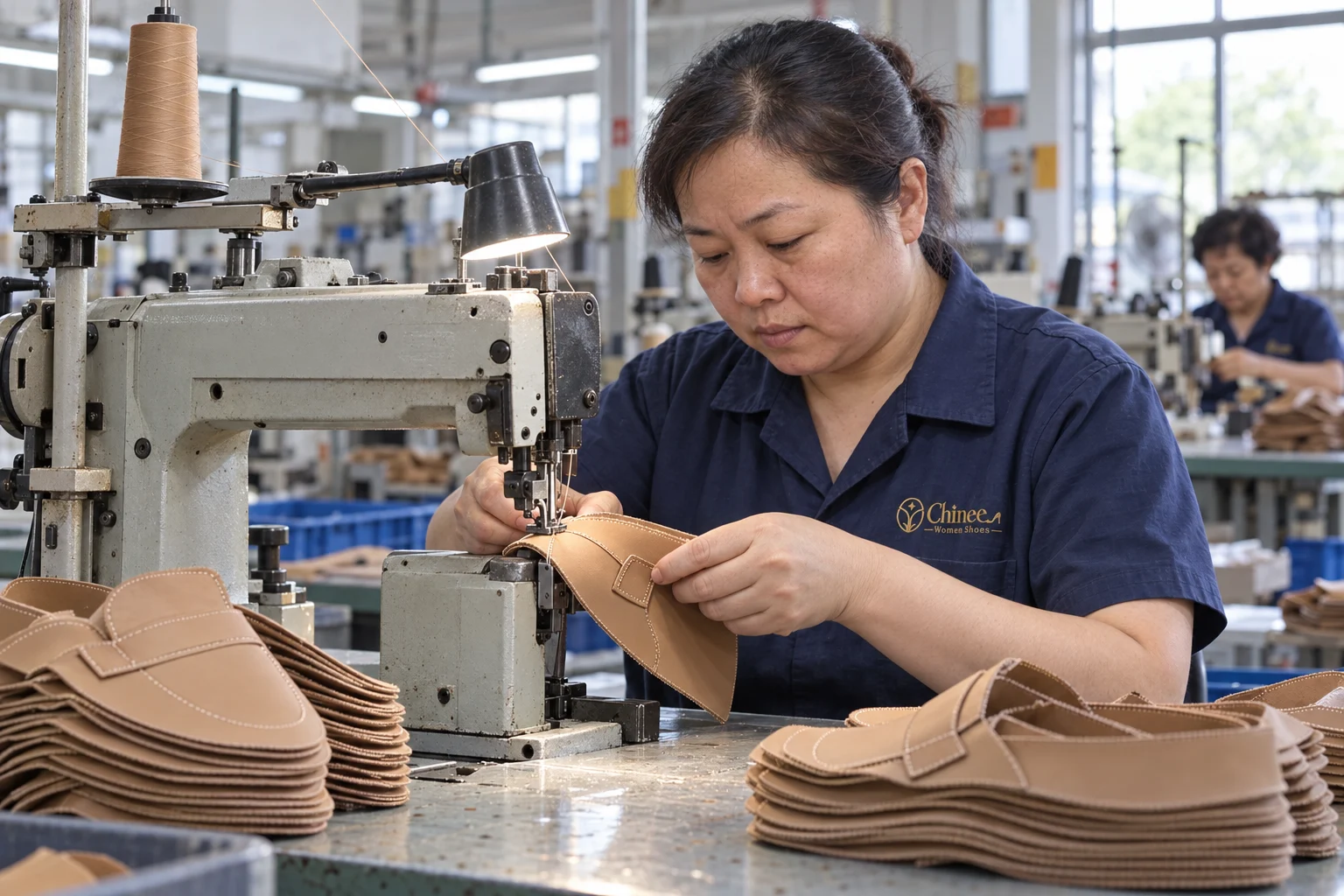 Chinese worker stitching a women’s shoe upper at an industrial sewing machine