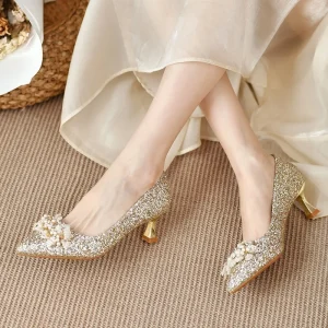 020499 1 Plus Size 35 45 Women Champagne Sequins Stiletto Pumps Wedding Bridal Slip on Thin Heels Party Evening Shoes Luxury