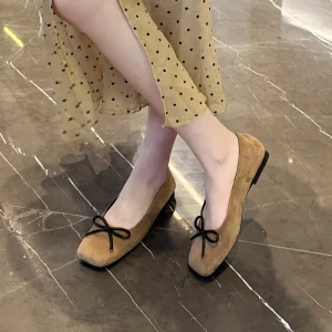 0752 2 Extra Wide Large Size Women’s French Square Toe Slip On Shoes Soft Soled Suede Bow Height Increasing Feature Flat Solid