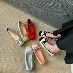 0752 4 Women’s New Spring Summer Fashion Trend Slip On Shallow Soft Ballet Mary Jane Flats Plus Size Wide Bowknot Closure