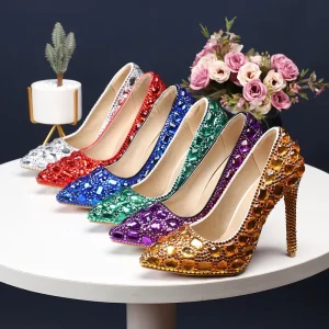 12-Color Stiletto Heel Banquet Pointy Toe Low Top Solid Color Wedding Color Diamond High Heel Shoes for Women
