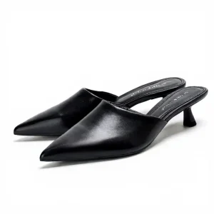 1702-9 Women’s High Heeled Mule Sandals Autumn New Pointed Toe Mule Heel Shoes Simple Style Solid Black Slides for Spring