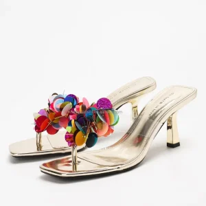 1828 14 Women’s Fashionable Square Toe High Heels Summer Sandals Outdoor Open Back Heeled Slippers