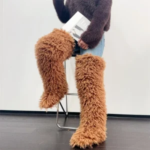 29 Inch Customizable Color Over the Knee Women’s Faux Mongolian Wool Warm Plush Flat Outdoor Snow Boots Mongolian Fur Long