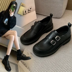 3166-5 Low Heel Thick Sole Toe Rubber Outsole Small Leather Shoes New Style British Style Women’s Loafers Large Size