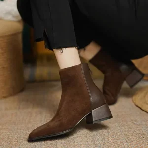 34 Mid Heel Boots for Women Slimming Back Zipper Retro Patchwork Short Boots