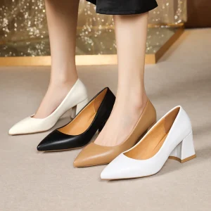 35-42 Women’s Simple Solid Color Professional Work Shoes with Pointed Toe Pumps and Block Heels