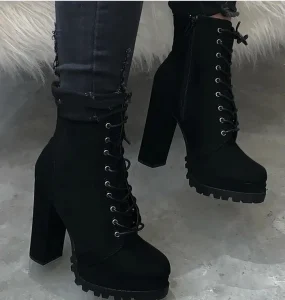 38-43 Large Size Ladies Adjustable Laces Side Zipper Ankle Boots Ladies Platform High Heels Platform Boots