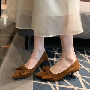 3966 1 Plus Size 35 45 Retro Women’s Suede Bow Pointed Toe Kitten Heel Sandals Pumps Dress Shoes Evening Office Shoes