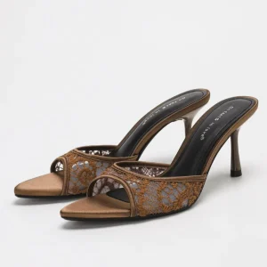 4302A 46 Summer New Fashion Open Toe Heeled Sandals Sexy Lace Embroidery 7.5cm Pointed Toe Slids High Heels for Women