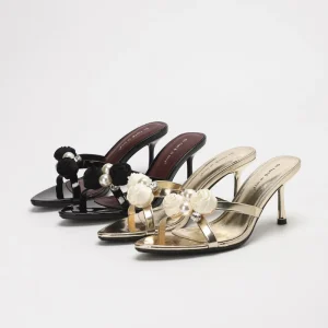 4302A 57 Women’s Open-Toed Pearl Metal Flower Thin High Heels Pumps Sandals Shoes for Lady Slippers