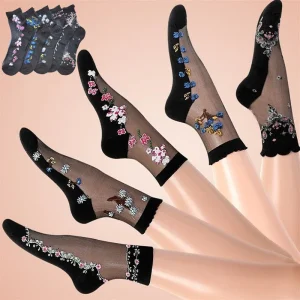 5 Pairs Women’s Floral Sheer Transparent Glass Silk Mesh Socks for Casual Dress Wear