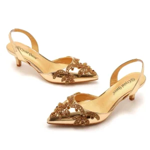 5 cm Pointed-toe Sandals Rhinestone Low-heeled Women’s Golden Wedding Shoes