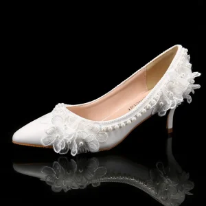 5 cm Women’s Slip On Comfort Summer Low Kitten Heel Pumps White Lace Pearls Classic Fashion Dress Wedding Heeled Shoes Bride