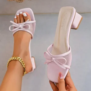 501 Summer Women’s Niche Bow High Heeled Slippers French Classic Half Slippers New High Heeled Sandals Women’s Shoes