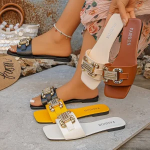 5B Metal Buckle Rhinestone Plus Size 35 44 Flat Bottomed Women Sandals for External Wear Anti slip Beach Women Shoes