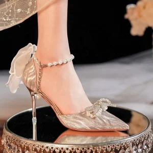 6.50 cm Women Pointed Toe Heels Bride Wedding Shoes Rhinestones Bow Knot High Heels