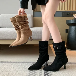 691-13 Women’s Brown Suede Pointed Toe High Heel Western Cowboy Ankle Boots Slip-On Closure Winter Elegant Warmth Heeled Boots