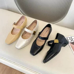 6cm Mary Jane Flats Solid Spring Women’s Shoes French Style Commuting Strap Button Closure Single layer