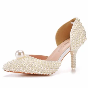 7 cm White Pearls Open Toe Summer Bridal High Heel Sandals Breathable Comfort Pump Shoes for Bride Wedding Party Evening Dress
