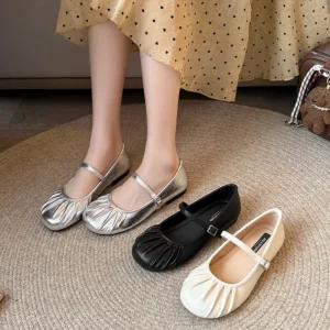 708 11 Women’s Korean Style Mary Jane Flats Pleated Design for Spring Summer Large Toes Wide Fit Large Size