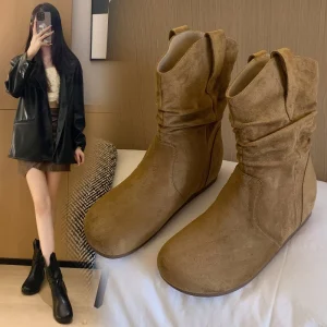 712 10 Vintage Women’s Round Toe Slouchy Suede Boots Wide Calf Loose Fit Thick Sole Trendy Ankle Booties Chic Ladies Daily Shoes