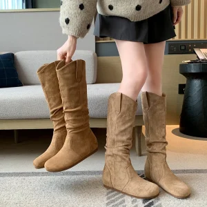 712 12 Maillard Western Women’s Slouchy Knee High Boots Round Toe College Style Slip on Suede Loose Fit Wide Calf Daily Footwear