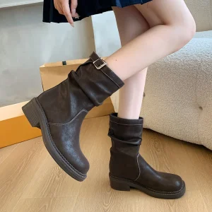 712 1Size35 45 Women’s PU Ankle Boots Wide Calf Slip on Thick Sole Large Calf Fit Slouchy Booties One Step Casual Fashion Winter
