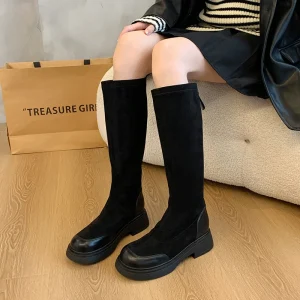 712 9 Size35 45 Women’s Suede Elastic Knee High Boots Wide Calf Thick Sole Side Zipper Big Leg Fit Casual Winter Ladies Footwear
