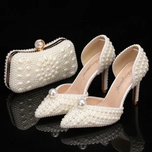 8 cm Full Pearls Stiletto Heels Sandals Closed Toe Bride Wedding Party Evening Dress Shoes Women’s Ankle Strap Sandals