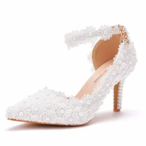 8 cm Women High Heel Pumps Pointed Closed Toe Sandals With Floral Lace Pearls Strap Stiletto Heels Bridal Wedding Dress Shoes