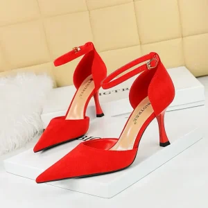 8386 8 Summer Women’s Fashion Wedding Shoes Super High Thin Heels Pointed Toe Ankle Strap PU Upper Slip On Closure