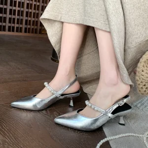 8852 23 Women’s Pointed Toe Stiletto Heel Sandals Open Back Pearl Strap Backless Comfortable Party Evening Dress Shoes