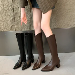 887 3 4 Women’s Riding Boots Leather Pointed Toe Black Boots with Thick Heel & Zipper Knight Long Booties Designer