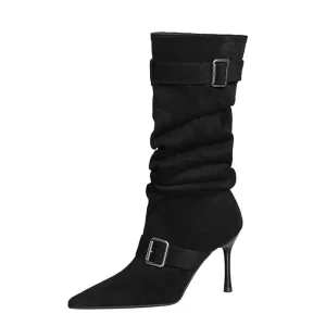 919-35 Women’s Slimming High Heel Long Boots Belt Buckle Pointed Toe Pleated Pile-up Design Rubber Outsole Winter