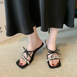 9709 8 Elegant Women’s Summer Square Toe Outdoor High Heel Sandals Fashionable Bow Accent Thick Heel Plus Size Wide Slip On