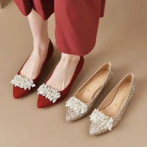 A1004-1-2 Large Size 35-45 Factory Customized Women’s Silver Wedding Shoes Flat Exquisite Flower Sequins Pearl Luxury Rhinestone