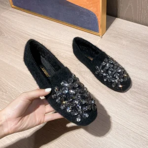 A8-1 Women’s Floral Slip On Furry Square Head Rhinestone Decorated Loafers Fleece-lined Autumn Winter All-Match Flat