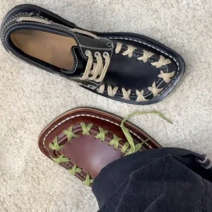 Accept Custom Design and Logo Women’s Cowhide Leather Summer Flat Shoes Square Toe Lace up Loafers