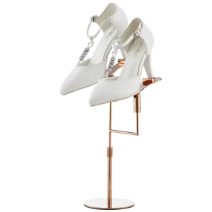 Adjustable Rose Gold Metal High Heel Display Stand with Square Base for Retail Store or Boutique Shoe Shop