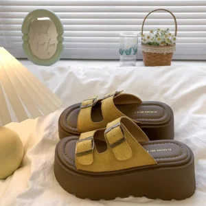 African Casual Thick soled Height increasing Double buckle One shoulder Slippers Women’s Slope and Flip flops