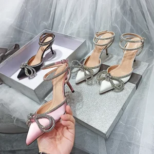 American Last Cross-Border Women’s High Heel Sandals Stiletto Bow Rhinestone Hollow Outdoor Shoes Open Back Counter Platform
