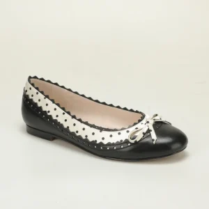 American Vintage Sweetheart Black White Polka Dot Round Toe Flats Polka Dot Bow Scalloped Edge Daily Commute Slip On Shoes