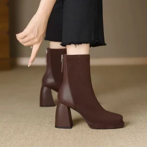Ankle Boots for Lady Autumn Winter Square Toe Fashion Patchwork Elegant High Heels Women’s Short Boots 41